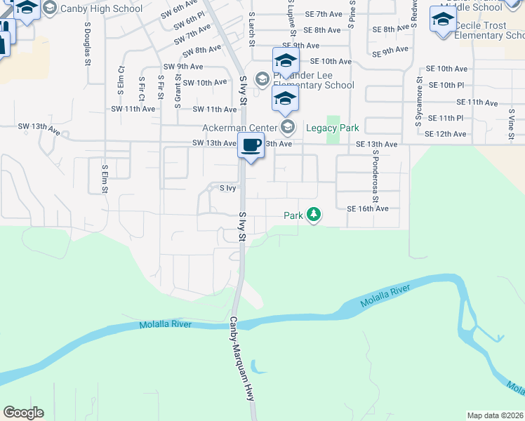map of restaurants, bars, coffee shops, grocery stores, and more near 172 Southeast 16th Avenue in Canby