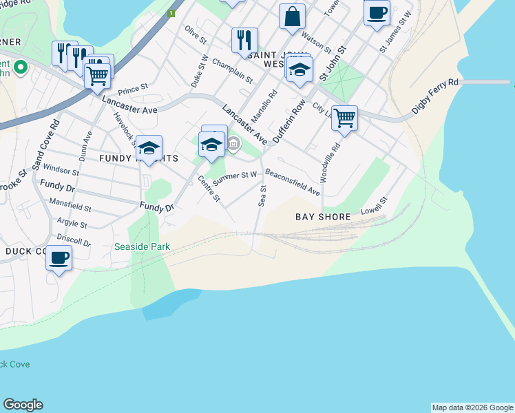 map of restaurants, bars, coffee shops, grocery stores, and more near 480 Sea Street in Saint John
