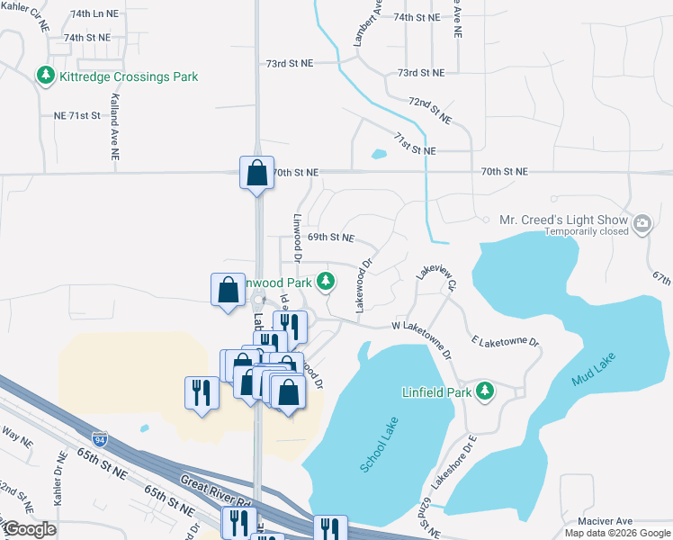 map of restaurants, bars, coffee shops, grocery stores, and more near 11229 68th Street Northeast in Albertville