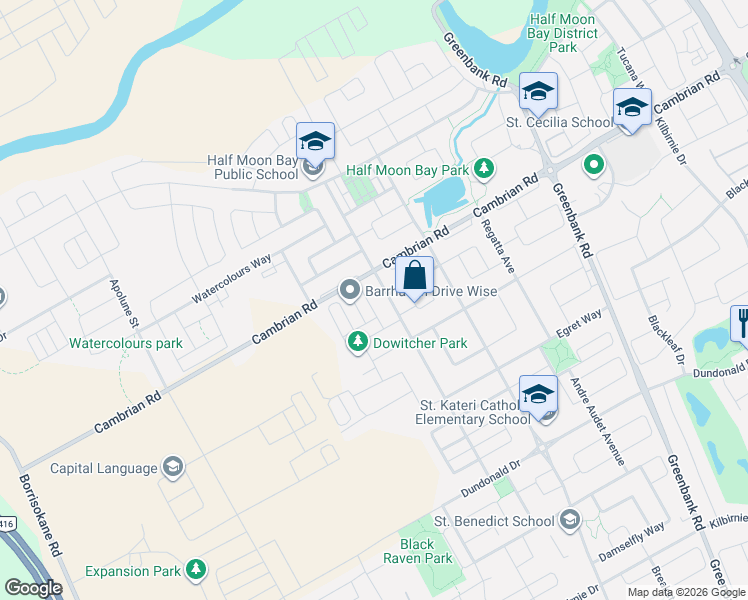 map of restaurants, bars, coffee shops, grocery stores, and more near 2655 Baynes Sound Way in Ottawa