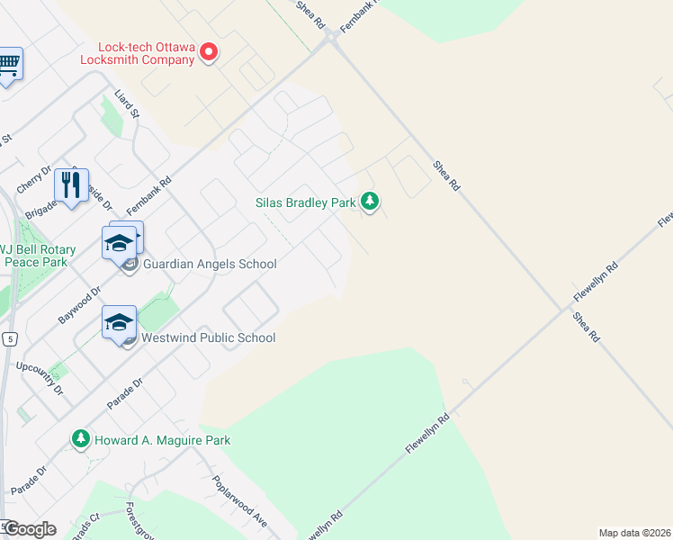 map of restaurants, bars, coffee shops, grocery stores, and more near 63 Aridus Crescent in Ottawa