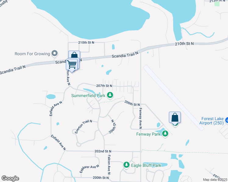 map of restaurants, bars, coffee shops, grocery stores, and more near 5143 207th Street North in Forest Lake
