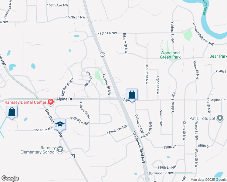 map of restaurants, bars, coffee shops, grocery stores, and more near 5517 153rd Court Northwest in Ramsey