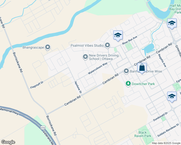 map of restaurants, bars, coffee shops, grocery stores, and more near Watercolours Way in Ottawa