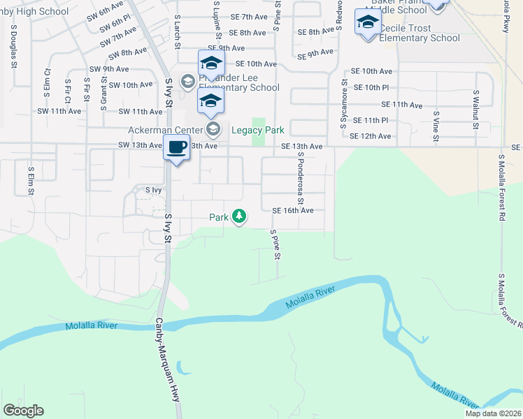 map of restaurants, bars, coffee shops, grocery stores, and more near 1825 South Pepperwood Street in Canby