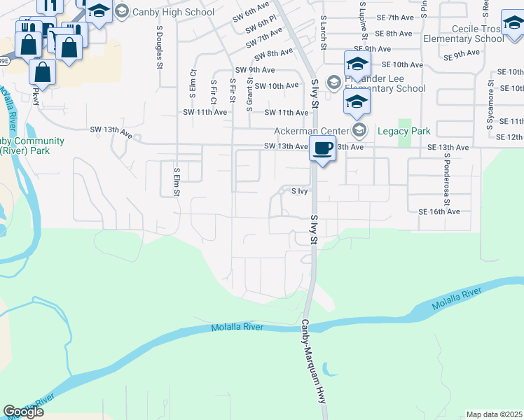 map of restaurants, bars, coffee shops, grocery stores, and more near 1555 South Ivy Street in Canby