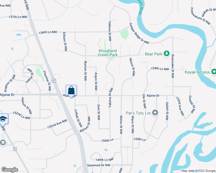 map of restaurants, bars, coffee shops, grocery stores, and more near 15321 Yakima Street Northwest in Ramsey