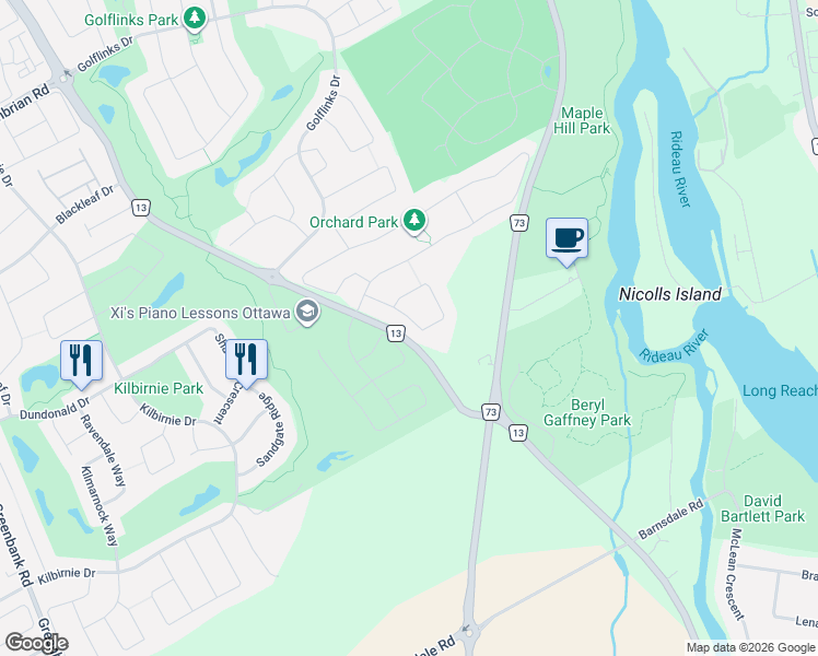 map of restaurants, bars, coffee shops, grocery stores, and more near 124 Culloden Crescent in Ottawa