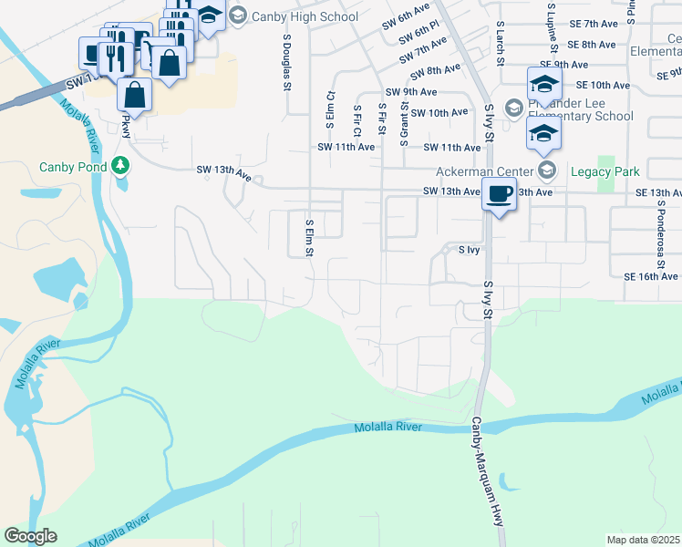 map of restaurants, bars, coffee shops, grocery stores, and more near 1755 South Evergreen Street in Canby