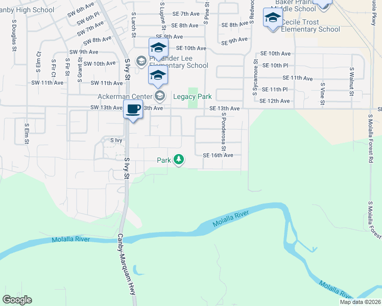 map of restaurants, bars, coffee shops, grocery stores, and more near 1579 South Pepperwood Street in Canby