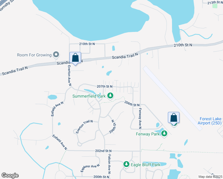 map of restaurants, bars, coffee shops, grocery stores, and more near 5143 207th Street North in Forest Lake