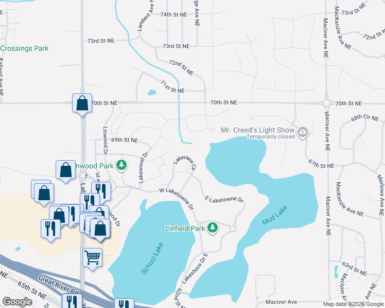 map of restaurants, bars, coffee shops, grocery stores, and more near 11520 Lakeview Circle in Albertville