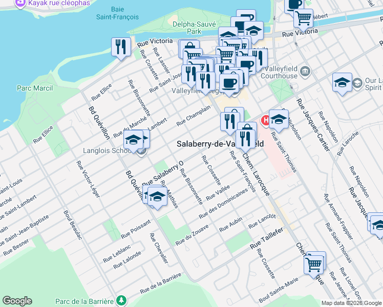 map of restaurants, bars, coffee shops, grocery stores, and more near 374 Rue Salaberry Ouest in Salaberry-de-Valleyfield