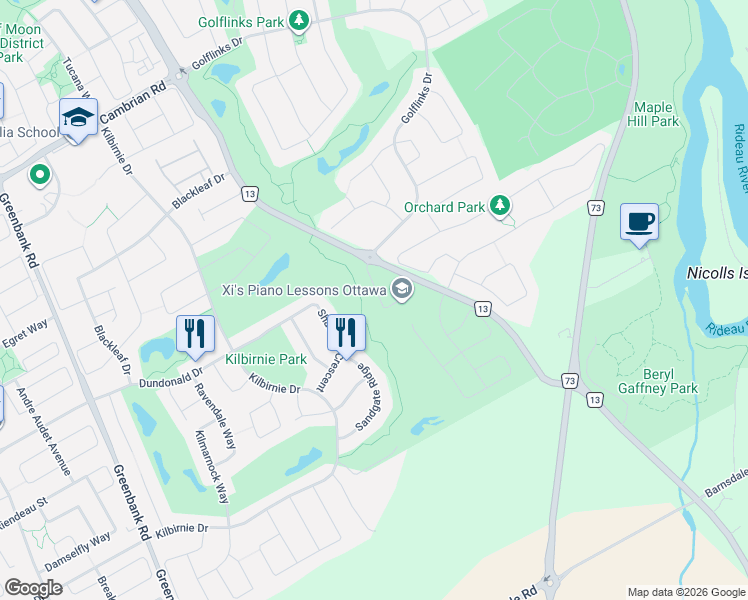 map of restaurants, bars, coffee shops, grocery stores, and more near 54 Stanhope Court in Ottawa