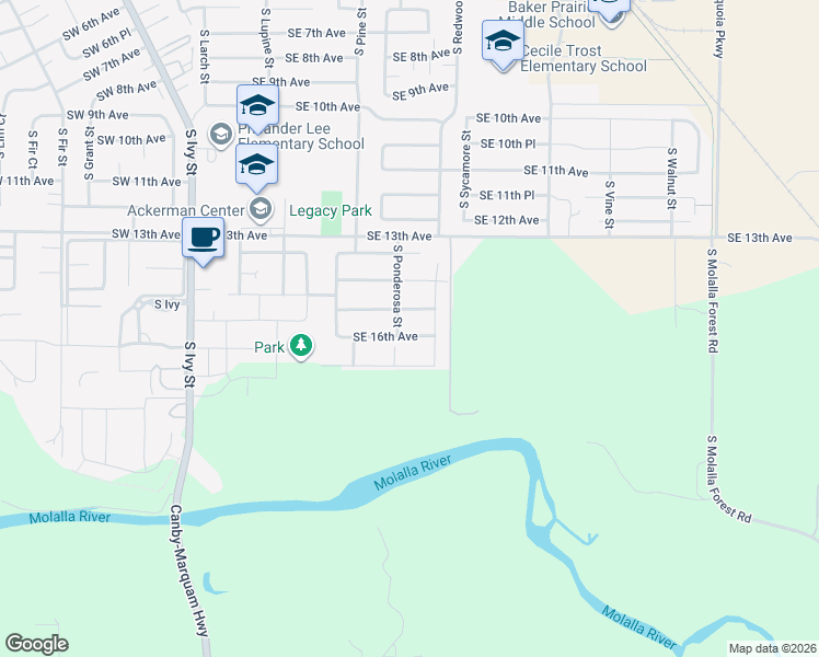 map of restaurants, bars, coffee shops, grocery stores, and more near 1316 Southeast 16th Avenue in Canby