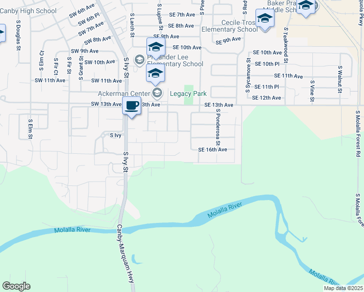 map of restaurants, bars, coffee shops, grocery stores, and more near 490 Southeast 16th Avenue in Canby