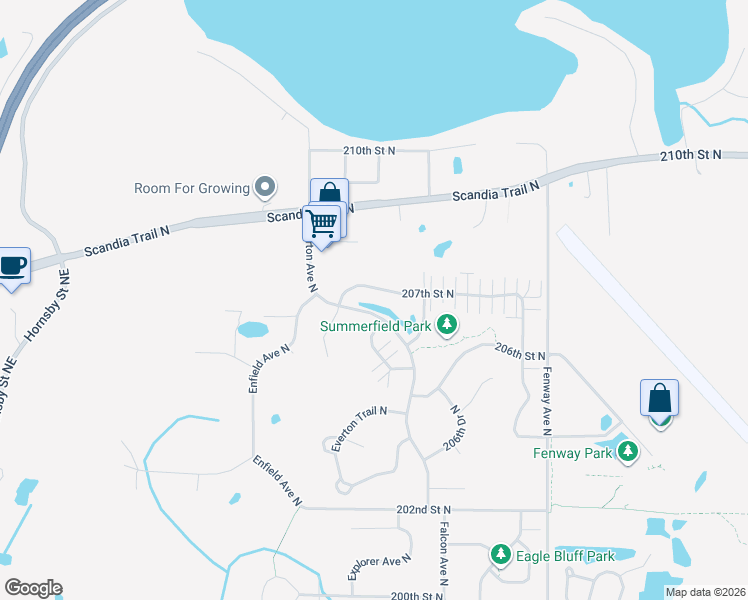 map of restaurants, bars, coffee shops, grocery stores, and more near 4991 207th Street North in Forest Lake