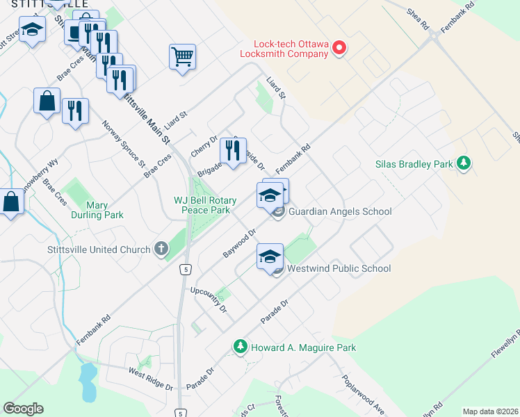 map of restaurants, bars, coffee shops, grocery stores, and more near 32 James Lewis Avenue in Ottawa