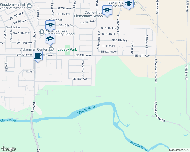 map of restaurants, bars, coffee shops, grocery stores, and more near 1698 Redwood Lane in Canby