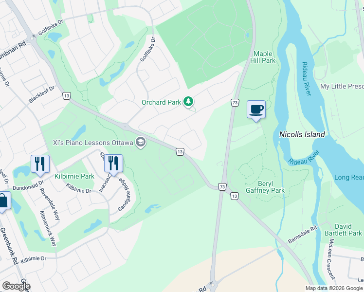 map of restaurants, bars, coffee shops, grocery stores, and more near 118 Culloden Crescent in Ottawa