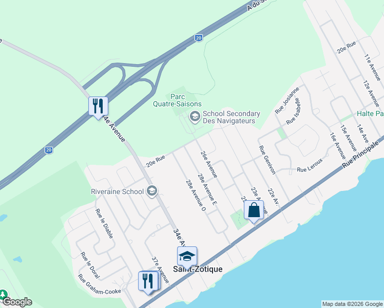 map of restaurants, bars, coffee shops, grocery stores, and more near 412 28e Avenue Est in Saint-Zotique