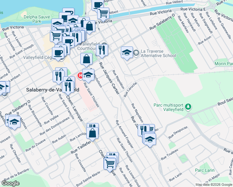 map of restaurants, bars, coffee shops, grocery stores, and more near 176 Rue Jacques-Cartier in Salaberry-de-Valleyfield