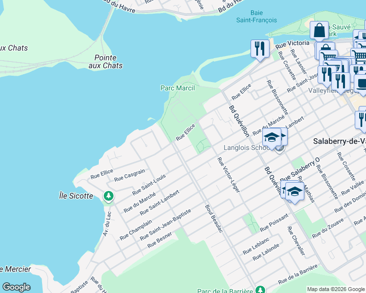 map of restaurants, bars, coffee shops, grocery stores, and more near 27 Rue Beaulac in Salaberry-de-Valleyfield
