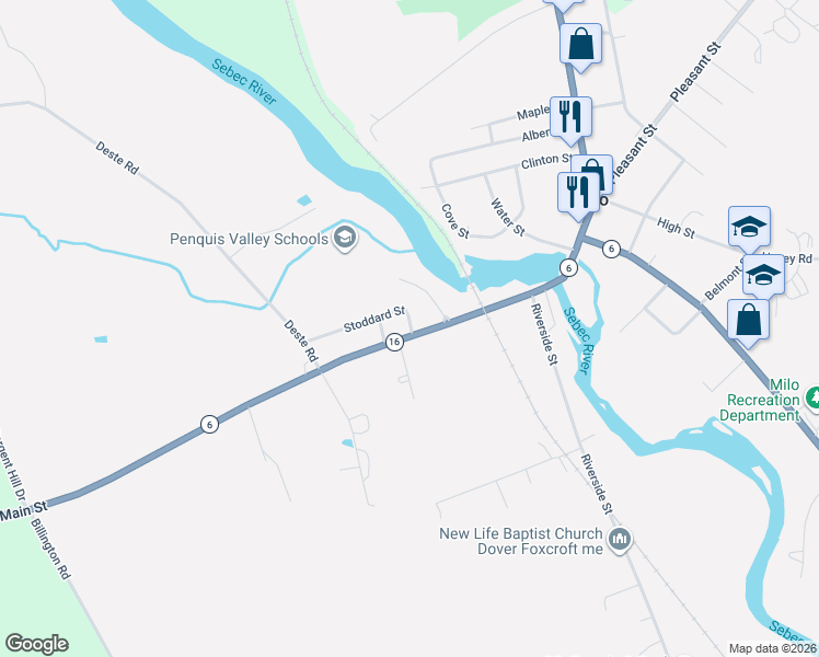 map of restaurants, bars, coffee shops, grocery stores, and more near 35 West Main Street in Milo
