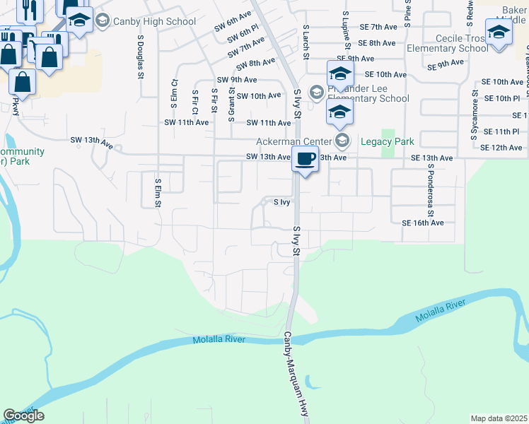 map of restaurants, bars, coffee shops, grocery stores, and more near South Ivy in Canby