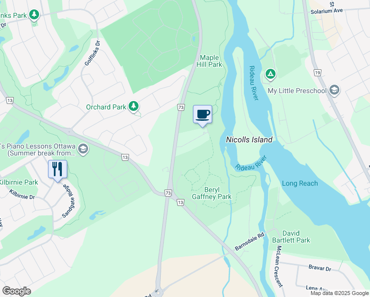 map of restaurants, bars, coffee shops, grocery stores, and more near 32 Maplehill Way in Ottawa