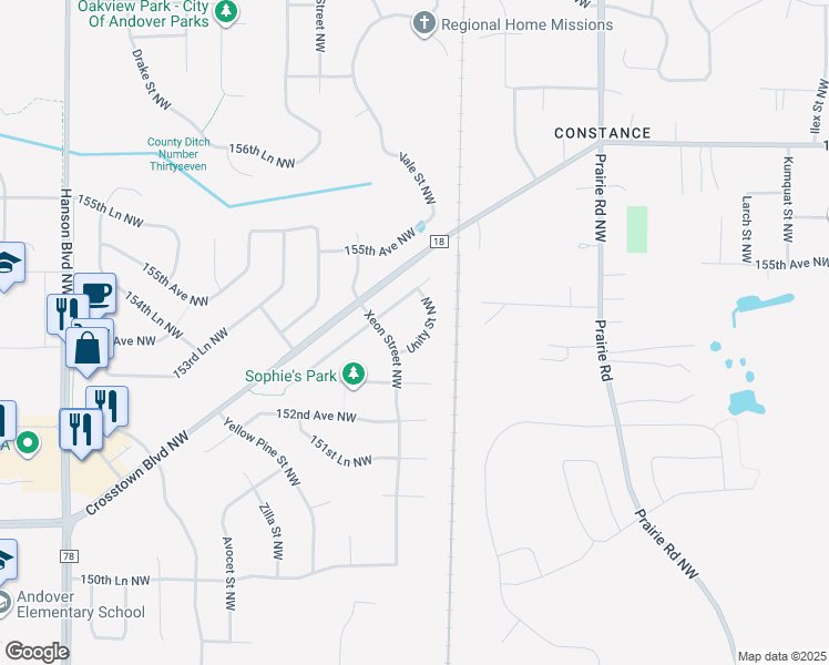 map of restaurants, bars, coffee shops, grocery stores, and more near 15400 Unity Street Northwest in Andover