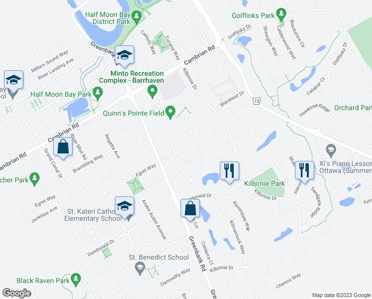 map of restaurants, bars, coffee shops, grocery stores, and more near Rannoch Private in Ottawa