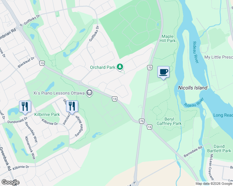 map of restaurants, bars, coffee shops, grocery stores, and more near Culloden Crescent in Ottawa