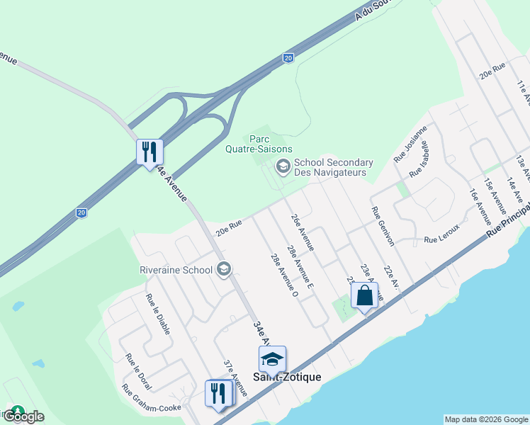 map of restaurants, bars, coffee shops, grocery stores, and more near 423 28e Avenue Est in Saint-Zotique