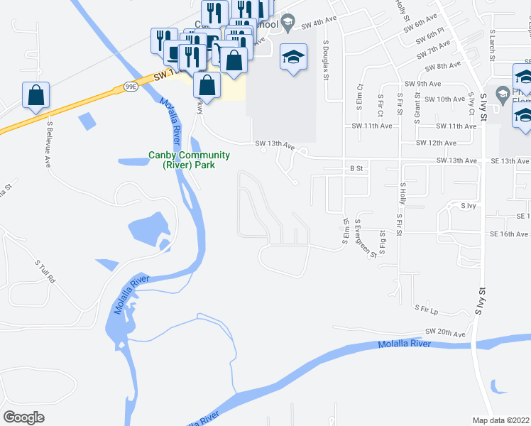 map of restaurants, bars, coffee shops, grocery stores, and more near 1655 South Elm Street in Canby