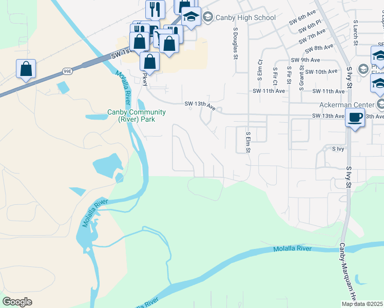 map of restaurants, bars, coffee shops, grocery stores, and more near 1655 South Elm Street in Canby