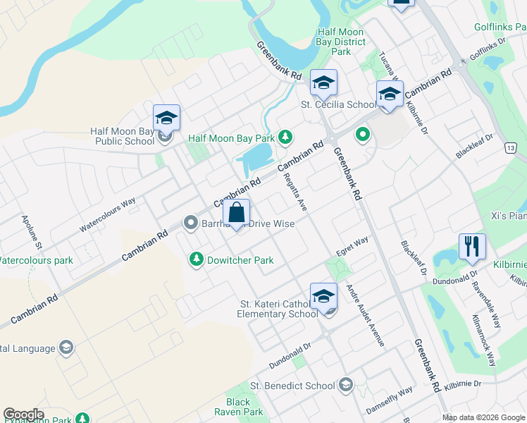 map of restaurants, bars, coffee shops, grocery stores, and more near 2316 River Mist Road in Ottawa