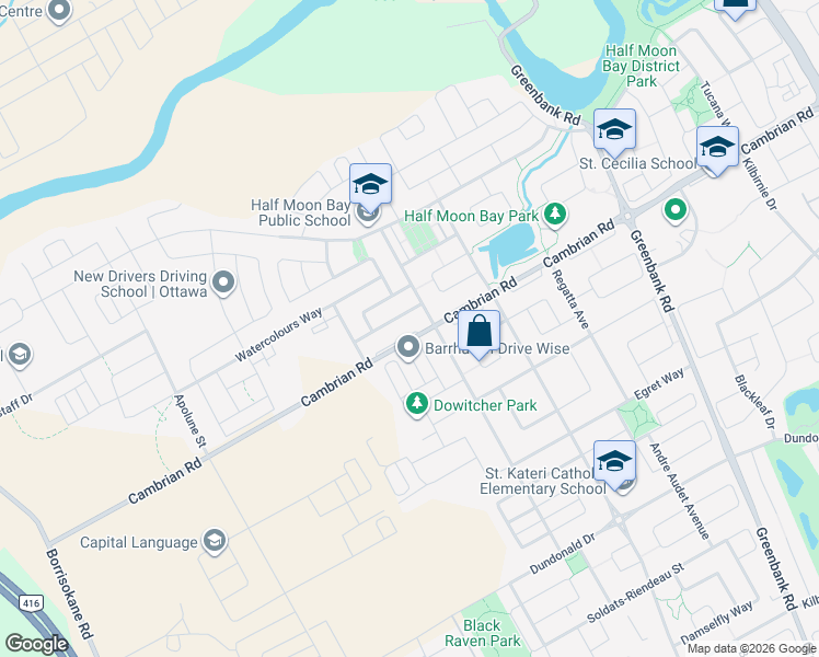 map of restaurants, bars, coffee shops, grocery stores, and more near 3617 Cambrian Road in Ottawa