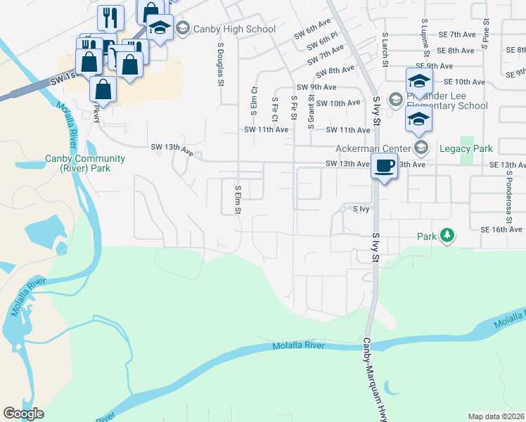 map of restaurants, bars, coffee shops, grocery stores, and more near 464 Southeast 15th Avenue in Canby