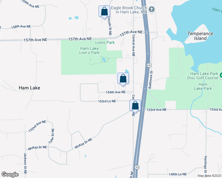 map of restaurants, bars, coffee shops, grocery stores, and more near 1257 154th Avenue Northeast in Ham Lake