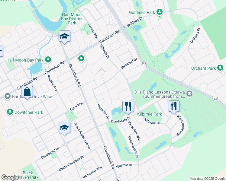 map of restaurants, bars, coffee shops, grocery stores, and more near 71 Decona Terrace in Ottawa