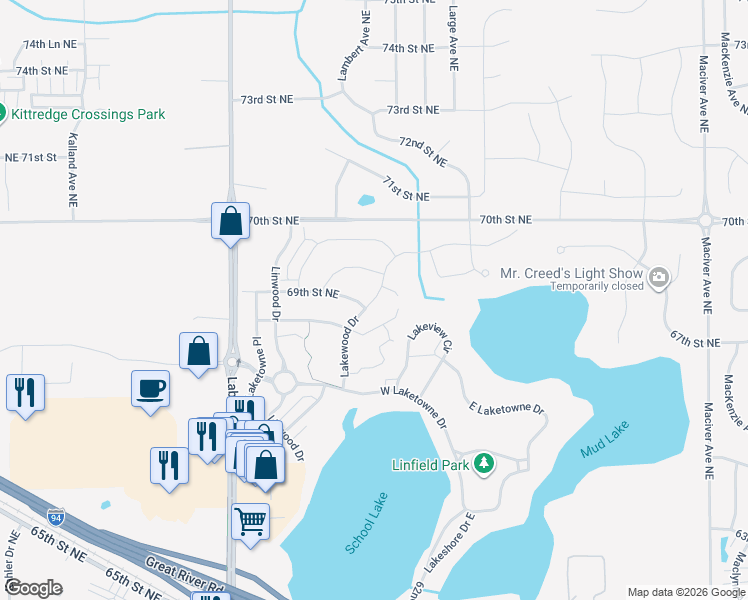 map of restaurants, bars, coffee shops, grocery stores, and more near 6832 Lakewood Drive in Albertville