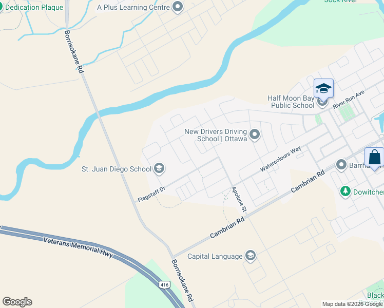 map of restaurants, bars, coffee shops, grocery stores, and more near 105 Mesa Drive in Ottawa