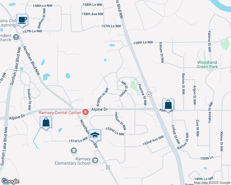 map of restaurants, bars, coffee shops, grocery stores, and more near 5681 154th Court Northwest in Ramsey