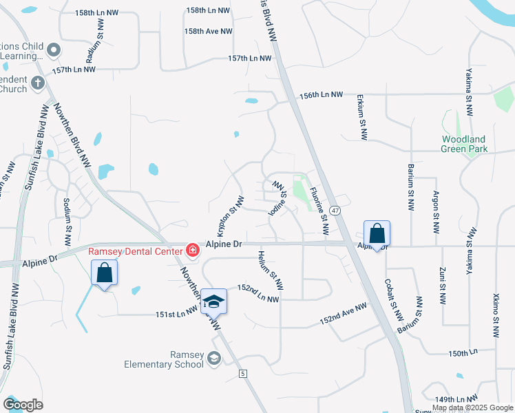 map of restaurants, bars, coffee shops, grocery stores, and more near 5685 154th Avenue Northwest in Ramsey