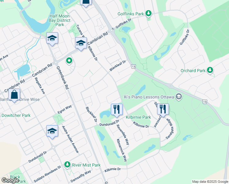 map of restaurants, bars, coffee shops, grocery stores, and more near 215 Cairnsmore Circle in Ottawa