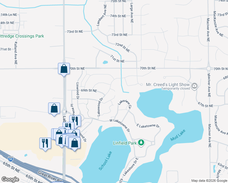 map of restaurants, bars, coffee shops, grocery stores, and more near 6832 Lakewood Drive in Albertville