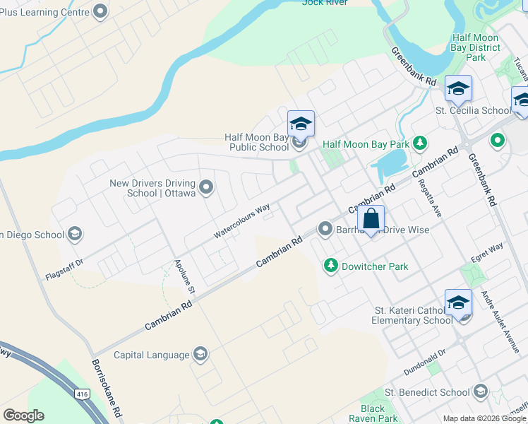 map of restaurants, bars, coffee shops, grocery stores, and more near 2254 Watercolours Way in Ottawa