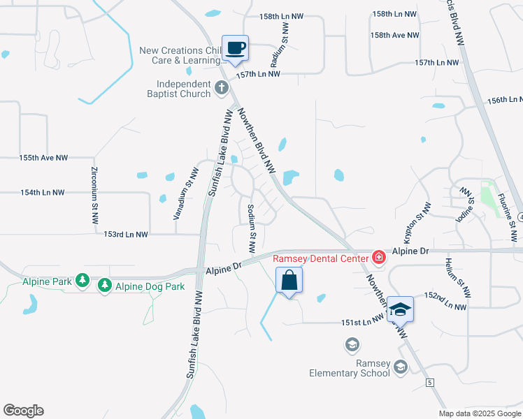 map of restaurants, bars, coffee shops, grocery stores, and more near 15437 Sodium Street Northwest in Ramsey