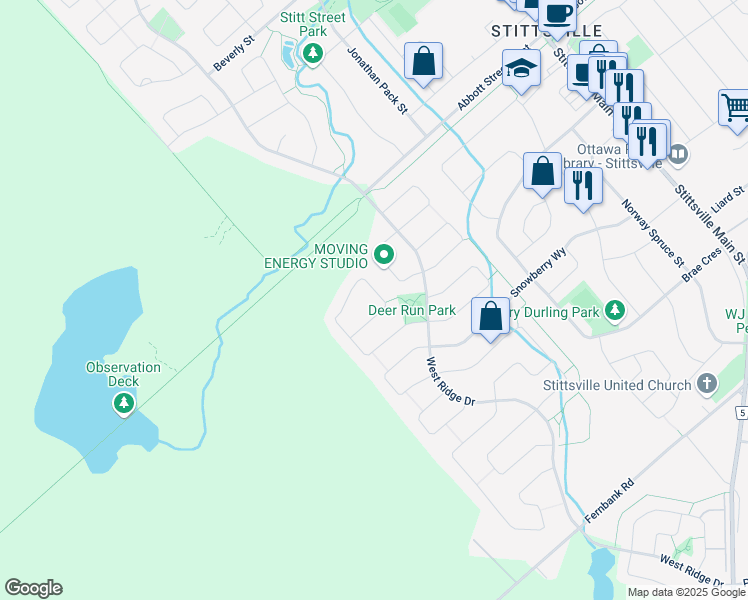 map of restaurants, bars, coffee shops, grocery stores, and more near 681 Birchland Crescent in Ottawa